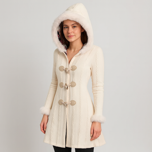 Cremeweiße Strickjacke mit Kapuze und Kunstfellbesatz, von Frau getragen | Fashion Peak