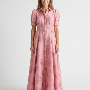 Maxikleid – Puffärmel – Mit Gürtel – Rosa Kleid – Kleid mit Knopfleiste-Fashion Peak