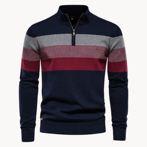 Marineblauer Strickpullover mit Streifen und Reißverschluss, auf Schaufensterpuppe präsentiert | Fashion Peak