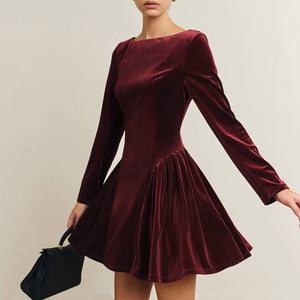 Samtkleid – Plissee – Langarm – Burgunderrotes Kleid – Minikleid-Fashion Peak