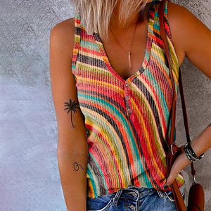 Strick Tanktop Damen | Buntes Gestreiftes Sommertop | Knopfleiste-Fashion Peak