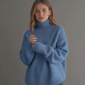Blauer Strickpullover mit Rollkragen, von junger Frau getragen, Nahaufnahme | Fashion Peak