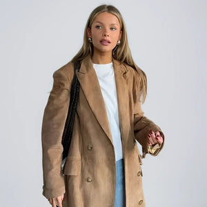 Trenchcoat - Suedette - Hellbraun - Langer Mantel - Women's Trenchcoat-Fashion Peak