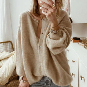 Übergroße Strickjacke | Beige | Button-Up | Strickjacke | Damenstrickwaren-Fashion Peak