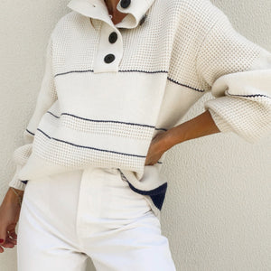 Weißer Pullover – Oversized-Pullover mit Knopfleiste für Damen-Fashion Peak