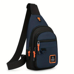 Blaue Brusttasche aus Nylon mit orangen Reißverschlüssen, freistehend fotografiert | Fashion Peak