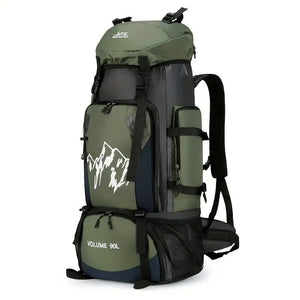 Grüner Trekkingrucksack aus Nylon mit Bergmotiv, freistehend fotografiert | Fashion Peak