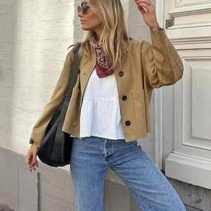 Blazerjacke – Beigefarbene Einreiherjacke für Damen mit Taschen-Fashion Peak