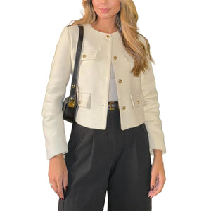 Blazerjacke | Kurz geschnitten | Pattentaschen | Tweedblazer | Damenjacke-Fashion Peak