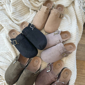 Clogs Damen | Pantoletten in Wildlederoptik | Korkfußbett-Fashion Peak