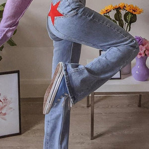 Flared Jeans - Hellblaue High Waisted Jeans mit Sternendruck für Frauen-Fashion Peak