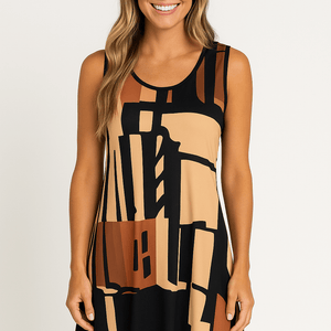 Ärmelloses Minikleid mit abstraktem Muster in Braun-Schwarz-Beige, getragen von Frau | Fashion Peak