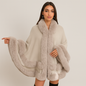 Beige Poncho mit Kunstpelzbesatz, getragen von Frau mit dunklen Haaren | Fashion Peak