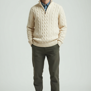 Beige-Zopfmuster-Strickpullover mit Reißverschluss, getragen von Mann in olivgrüner Hose | Fashion Peak