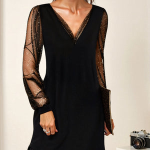 Schwarzes Kleid | Mesh-Ärmel | Langarm | Abendkleid | V-Ausschnitt-Fashion Peak
