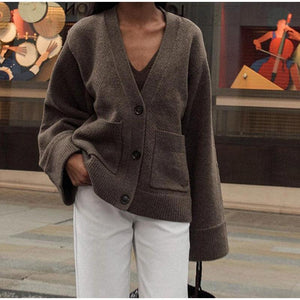 Strickjacke – Oversized-Strickjacke mit V-Ausschnitt und Knöpfen für Damen-Fashion Peak