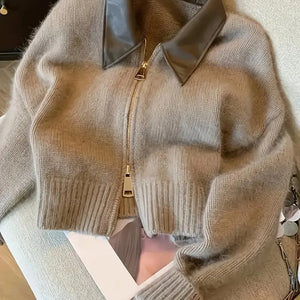Strickjacke mit Reißverschluss | Hellbraun | Mit Kragen | Strickjacke | Damenstrickjacke-Fashion Peak